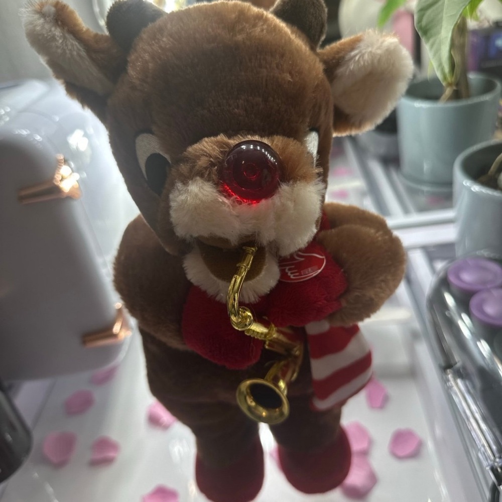 Brown Reindeer Plush with Red Nose and Scarf